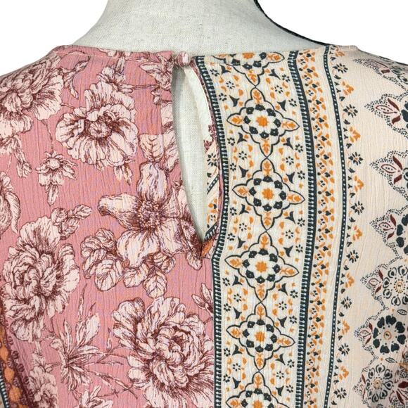 American Eagle Medium Boho Top Embroidered Tassel Long Sleeve Keyhole Pink Multi - Picture 6 of 11